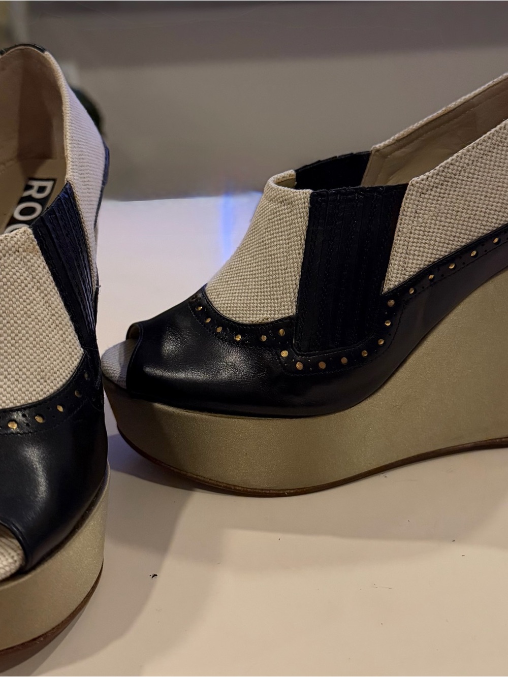 Rochas Black and Cream Wedge Peep-Toe Platforms